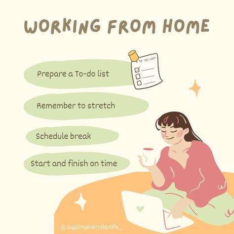 Rules to follow when working from home: prepare a to-do list, stretch regularly, schedule breaks, start and finish on time. Its all about getting the right work-life balance. - #schedule #workfromhome #worklifebalance #career #careerdevelopment #worklife #motivation #hardworking #lifestyle #exercise #remotework I Wish I Was, Work From Home Tips, Career Development, Juggling, Work Life Balance, My Job, Work Life, Life Balance, To Do