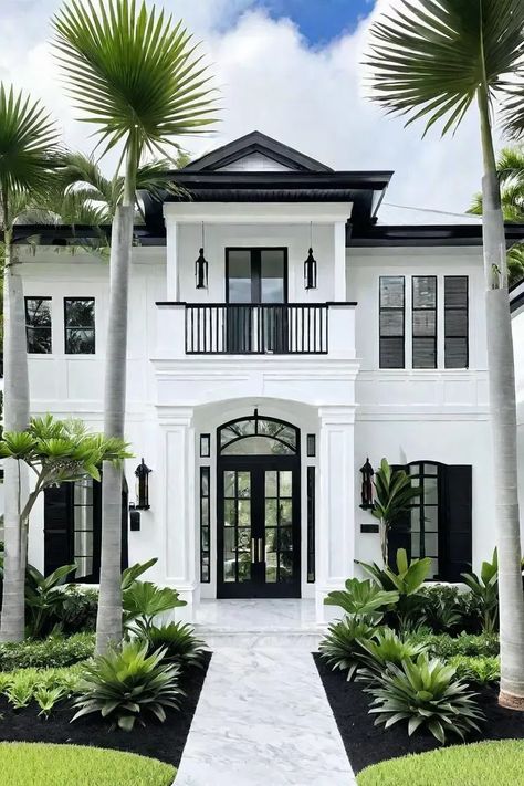 White Home with Black Trim #whitehouses #paintcolors #white #blacktrim #homeexterior #frontyard #curbappeal #homepaint #homeinspiration #housecolors #homedesign #beautifulhomes Home Design From Outside, Black And White Spanish Style Home, White Door With Black Trim, Cosy House Exterior, Home With Black Trim, Homes With Black Trim, Black Trim Exterior, White And Black House Exterior, Houses With Black Trim