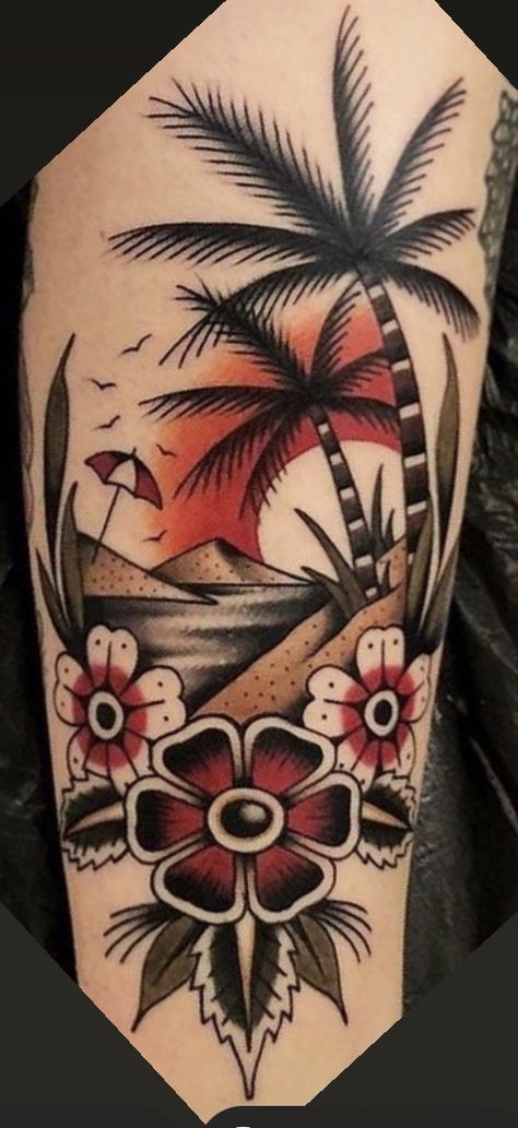 American Traditional Sunset Tattoo, Sunset Traditional Tattoo, Traditional Tiki Tattoo, Sunset Tattoo, Tiki Tattoo, Sunset Tattoos, New School Tattoo, American Traditional, Traditional Tattoo