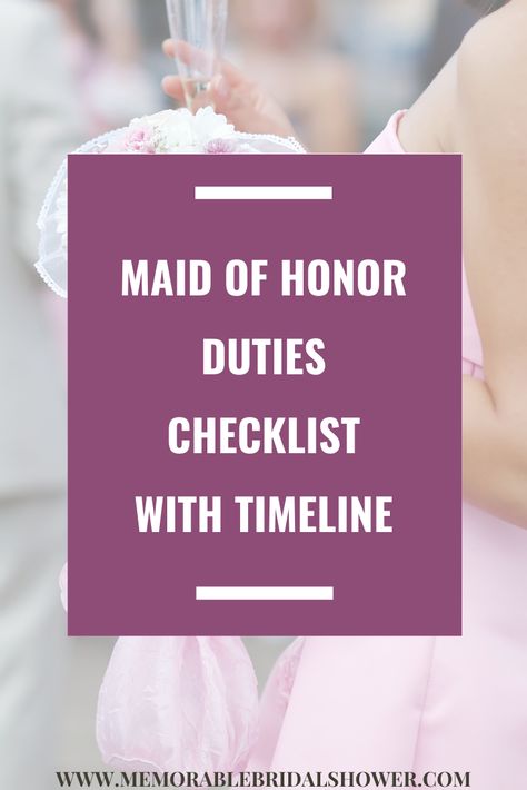 Congratulations maid of honor! Wondering what your responsibilities are as the maid of honor? This post covers the maid of honor duties checklist with timeline. #maidofhonor #duties #checklist #timeline #responsibilities What Is The Maid Of Honor Responsible For, Maid Of Honour Emergency Kit, Duties Of Maid Of Honor, Matron Of Honor Duties Checklist, Maid Of Honor Duties Checklist Printable, Bridesmaid Gifts From Maid Of Honor, Maid Of Honor Timeline, Maid Of Honor Duties Timeline, Maid Of Honor Checklist Timeline