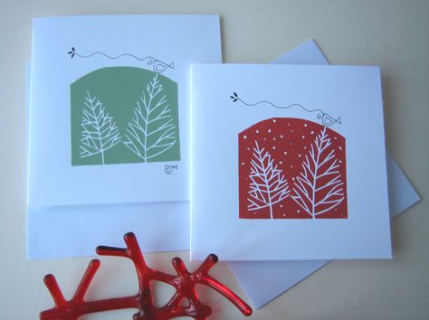 Set of two Handmade Linocut Cards - Winter Trees and Snow - Bird of Peace in Red… Linocut Cards, Linocut Christmas, Print Christmas Card, Hand Carved Stamps, Christmas Card Inspiration, Handmade Stamps, Homemade Christmas Cards, Christmas Snow, Special Cards