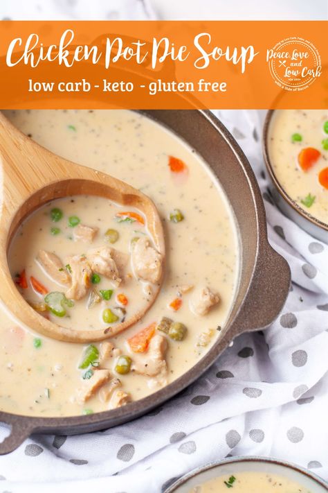 Rich and creamy, this chicken pot pie soup has all of the flavors of a fresh baked pot pie. Best of all it is low carb and gluten free.  | Peace Love and Low Carb Pot Pie Soup Recipe, Peace Love And Low Carb, Chicken Pot Pie Soup, Egg Diet Plan, Pot Pie Soup, Boiled Egg Diet Plan, No Carb Recipes, Best Low Carb Recipes, Boiled Egg Diet