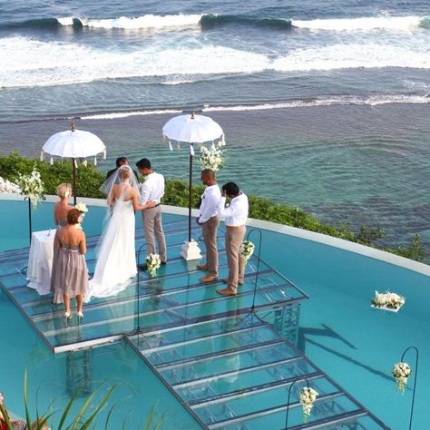 Floating Glass Stage - Bali Wedding On Water, 40th Birthday Celebration Ideas, Pool Bridge, Pool Wedding, Exhibition Building, Pool Party Decorations, Water Wedding, Wedding Venue Inspiration, Dream Pools