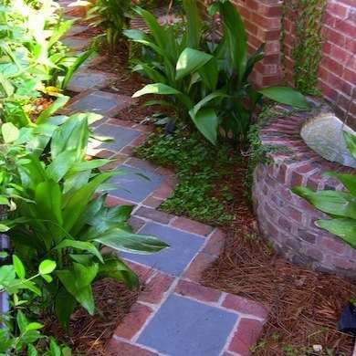 Slate and Brick Walkway Brick Pathway, Stone Walkway, Garden Walkway, Brick Walls, Garden Pathway, Garden Edging, Unique Gardens, Plants And Flowers, Raised Beds