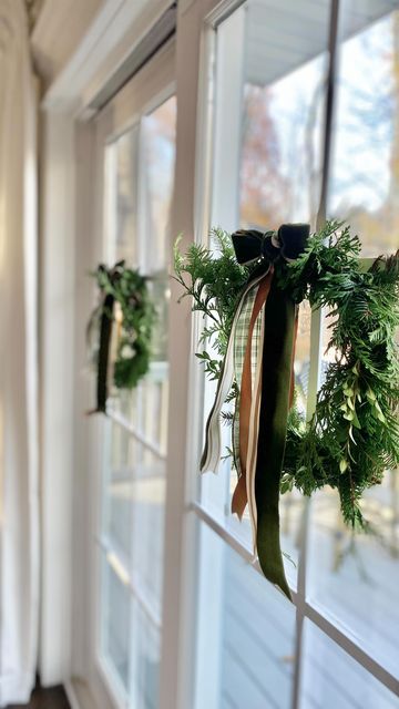 Wreath Inside Window, Wreath In Window, Wreath Window, Wreath Inside, Indoor Window, Christmas Farmhouse, Christmas On A Budget, Natural Christmas, Wreath Tutorial