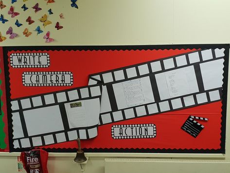 Write, camera, action. Displayed writing and 3D clapper board Camera Bulletin Board Ideas, Writing Display, Clapper Board, Movie Reels, Lights Camera Action, Classroom Displays, Photo Wall, Writing, Wall