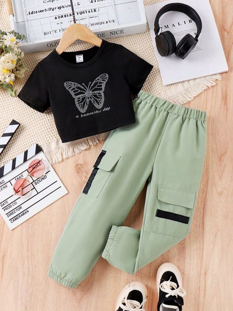 Black Casual Collar   Letter,Butterfly  Embellished Non-Stretch,Slight Stretch  Young Girls Clothing Casual Cargo Pants, Butterfly Top, Two Piece Set, Black Casual, Girls Clothing, Cargo Pants, Two Piece, Collar, Pants