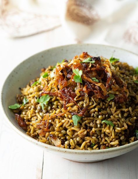 Mujadara Lentils and Rice Recipe - This hearty vegan dish, also known as Lebanese Rice, is a favorite classic meal from the Middle East. Mujadara is an easy and flavorful make-ahead meal, loaded with fabulous spices and topped with crispy fried caramelized onions! #mujadara #mujadararecipe #lentilsandrice #veganlentils #veganrice #middleeast #lebaneserice #aspicyperspective #lentils #rice Vegan Mujadara Recipe, Mujadara Recipe Lebanese, Lebanese Rice With Vermicelli, Lentils And Rice Recipe, Lebanese Rice Recipe, Afghan Rice, Lebanese Dishes, Lebanese Rice, Mujadara Recipe