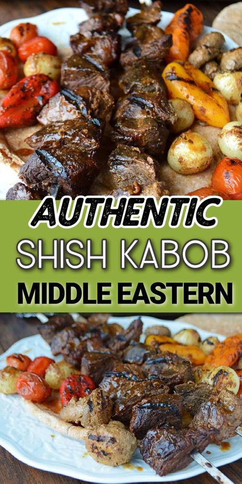 Cubes of beef on skewers with veggies with Pinterest overlay. Beef Shish Kabob Marinade, Persian Kebab Recipe, Shish Kabob Marinade, Kafta Kabob Recipe, Beef Shish Kabob, Kebab Recipes Beef, Shishkabobs Recipe, Best Marinade, Beef Kabob Recipes