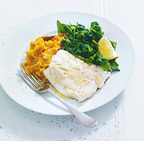 A quick and healthy fish supper with garlic and lemon flavours. Pan Fried Cod Fish, Lemon Spinach, Fish Supper, Sweet Potato Mash, Sweet Potato Spinach, Cod Recipes, Fish Recipes Healthy, Delicious Magazine, Fish Recipe