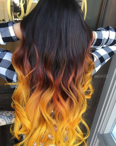 Summer Hues: Rainbow Hair Color Ideas for Brunettes Yellow Ombre Hair, Rainbow Hair Color Ideas, Hair Care Essentials, Flame Hair, Unnatural Hair Color, Yellow Hair Color, Summer Hair Care, Brown Ombre Hair, Rainbow Hair Color