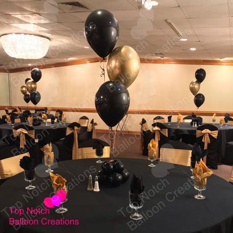 Black White Gold Centerpieces Diy, Black And Gold Balloon Table Decor, Black And Gold Balloon Table Centerpieces, Black White And Gold Centerpieces Diy, 50th Bday Table Centerpieces, Black And Silver Birthday Centerpieces, Simple Black And Gold Table Decor, Black And Gold Centerpieces Diy Birthday, Black And Gold Balloon Centerpieces