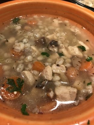 Chicken Barley, Chicken Barley Soup, Mushroom Barley, Mushroom Barley Soup, Crockpot Chicken Thighs, Mushroom Soup Recipe, Chicken Mushroom, Mushroom Soup Recipes, Barley Soup