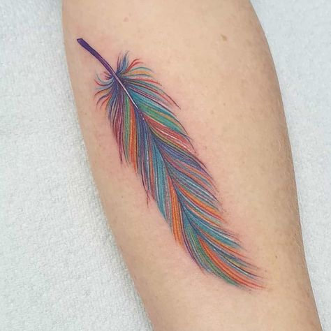 Colorful Feather Tattoo 2 Colored Feather Tattoos, Owl Feather Tattoos, Phoenix Feather Tattoos, Eagle Feather Tattoos, Quill Tattoo, Small Feather Tattoo, Feather Tattoo Colour, Feather Tattoo Meaning, Peacock Feather Tattoo