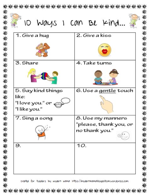 10 Ways I Can Be Kind: A Visual Guide for Toddlers | Modern Mama FREE CHART #Babies #baby #kind #kindness #parenting #sibling #toddler #twoundertwo #proactive #teach #free #chart #download #freeteachingtool Kindness Chart For Siblings, Family Advice, New Sibling, Free Chart, Mindfulness Activities, Charts For Kids, A Brother, Kid Activities, Family Parenting