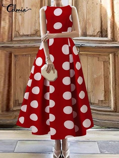 Celmia Elegant Ladies Party Dress Women Sleeveless Fashion Summer Polka Dot Pleated Midi Dress Casual Round Neck Evening Vestido - Dresses - AliExpress Polka Dot Frocks For Women, Polka Dot Outfits For Women, Braid Styles For Girls, Spotty Dotty, Amazon Fall Fashion, Angela Lanter, Party Dress Women, Polka Dots Outfit, Frock For Women