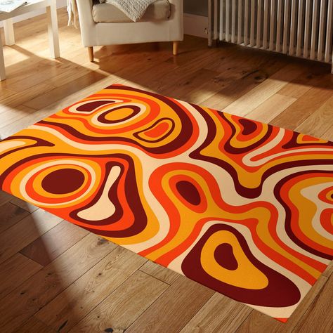 Orange Brown Wavy Retro Area Rug, 70s Rug, Wavy Trippy Rug, Psychedelic, Orange Groovy Rug, Hippie Retro Vibes, Bohemian Area Rug This area rug grounds your indoor or outdoor space in a geometric motif and modern style. Our Carpets consist of Non-Slip Cotton Base, Soft Shiny Microfiber Polyester Feathers on the Top. and it has a 0.35"   medium pile height ideal for high-traffic areas like your patio, entryway, or living room. Best of all, it's stain-resistant to stand up to the occasional spill Trippy Rug, 70s Rug, Modern Doormats, Bohemian Area Rug, Retro Rugs, Bohemian Area Rugs, 70s Retro, Abstract Rug, Orange Rugs