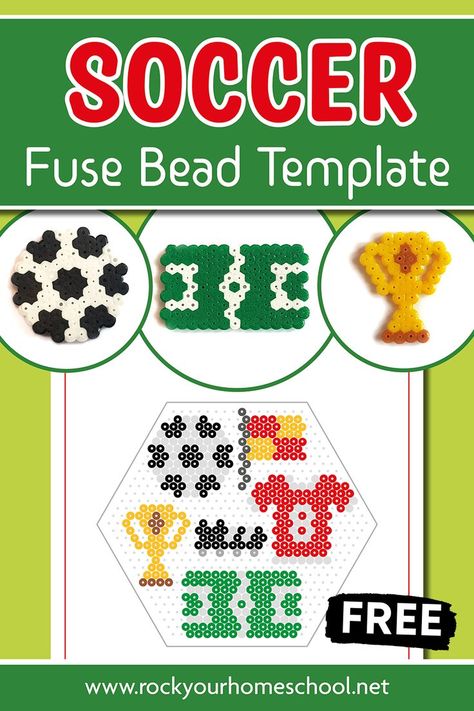 Your soccer fans will have a blast with these perler bead crafts! This free printable page includes patterns to make a soccer ball, flag, trophy, soccer cleat, soccer jersey, and soccer field. So much hands-on fun! Perler Bead Crafts, Soccer Crafts, Craft Activity For Kids, Rainy Day Fun, Craft Activity, Creative Activities For Kids, Plastic Crafts, Activity For Kids, Perler Bead Art