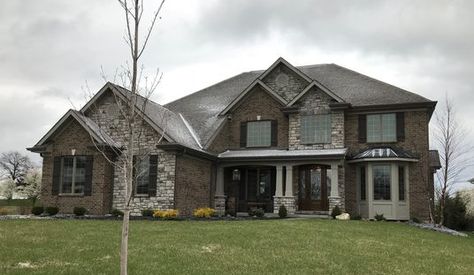 2 story; Brick and stone, porch Two Story Brick Homes, Farmhouse Brick Exterior, Two Story Farmhouse, Farmhouse Brick, Stone Porch, House Brick, Brick Homes, Brick Houses, Light Brick