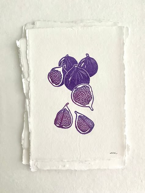 Figs Print | Fruit Print | Cottagecore Print | Original Art | Block Print | Hand Carved | Hand Printed | Unframed ------------------------ * This is an original print hand-carved and handprinted.  * The size is approximately 5x7" * Frame is not included. * Due to each print being original and handprinted, your order may vary slightly from the exact image pictured. ------------------------ Block carving is a very unique and fun way to create art, but there are multiple steps in the process! It st Gel Print Art, Fruit Stamp, Block Print Art, Block Carving, Wood Block Art, Lino Art, Relief Print, Art Kitchen, Fruit Print