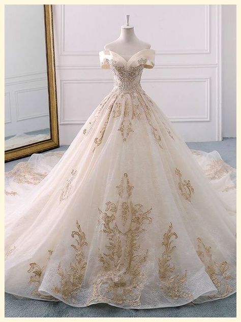 White And Gold Wedding Dress, Church Wedding Dress, Inai Pengantin, White And Gold Wedding, Gold Wedding Dress, Pretty Quinceanera Dresses, 파티 드레스, Princess Ball Gowns, Dream Wedding Ideas Dresses