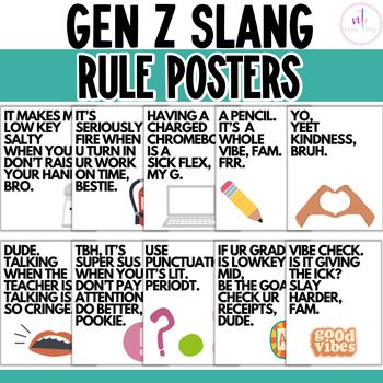 Gen Z Slang Rule PostersIf you are looking to help your students relate to your rules, this is the answer!  You will have instant buy-in when you tell them to "Yeet Kindness, Bruh!"1 PDF with 10 posters included (8.5"x11")*Please note, these posters are not editable. Science Posters Classroom, Gen Z Classroom Decor, Kids Student Council Poster Ideas, Funny Classroom Posters, Posters For School, Gen Z Slang, Gen Z Aesthetic, School Classroom Decor, Back To School Classroom