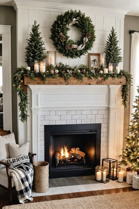 Xmas Farmhouse Decor, Rustic Christmas Fireplace Decor, 2024 Living Room Ideas, Christmas Decor Ideas For Tv Stand, 2 Christmas Trees By Fireplace, Christmas Decor Ideas Mantel, Christmas Chimney Decoration, Rustic Mantel Decorating Ideas, Above Mantel Decor