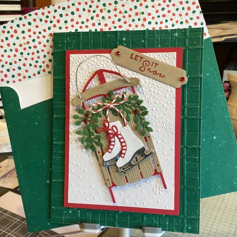 Christmas Sled, Simple Christmas Cards, Family Christmas Cards, Homemade Christmas Cards, Stampin Up Christmas Cards, Christmas Card Crafts, Christmas Stamps, Christmas Drawing, Christmas Cards To Make