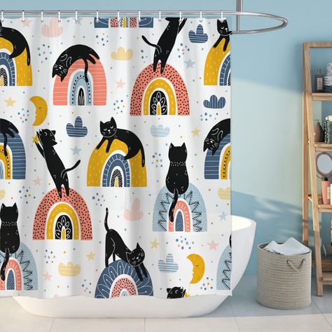 AmazonSmile: HNXP Cute Boho Shower Curtain Black Cats and Rainbows Fabric Shower Curtains for Bathroom, Cute Animal Shower Curtain Set with 12 Hooks 71''×71'' : Home & Kitchen Bathroom Scandinavian Style, Bathroom Scandinavian, Animal Shower Curtain, Retro Shower Curtain, Cat Shower Curtain, Abstract Shower Curtain, Cat Bath, Boho Shower Curtain, Bathroom Curtain