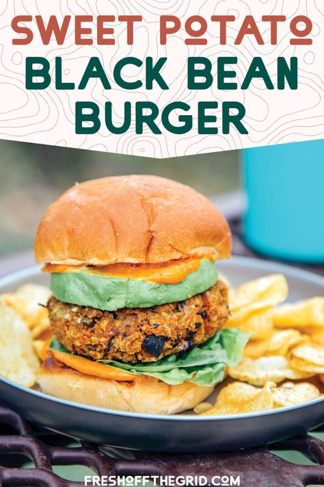 Sweet Potato Black Bean Burger, Camping Dinner Ideas, Vegetarian Camping, Black Bean Burger Recipe, Homemade Veggie Burgers, Camping Food Make Ahead, Sweet Potato Burgers, Vegetarian Substitutes, Vegetarian Grilling