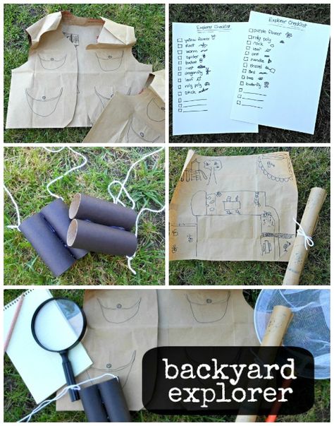 Backyard explorer outside activity for kids~ How fun!  The children can make their own sets from items around the house with some help. Outside Activities For Kids, Outside Activities, Family Diy, Outdoor Learning, Activity For Kids, Summer Activities For Kids, Nature Kids, Dramatic Play, Reggio Emilia