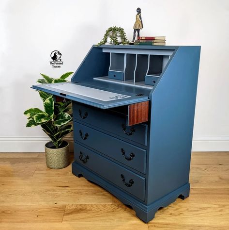 Vintage Blue Writing Bureau Desk Custom Order - Etsy UK Small Space Living Hacks, Painted Display Cabinet, Writing Bureau, Blue Painted Furniture, Ivy Cottage, Independent Lifestyle, Cabinets Doors, Old Forge, Painted Desk