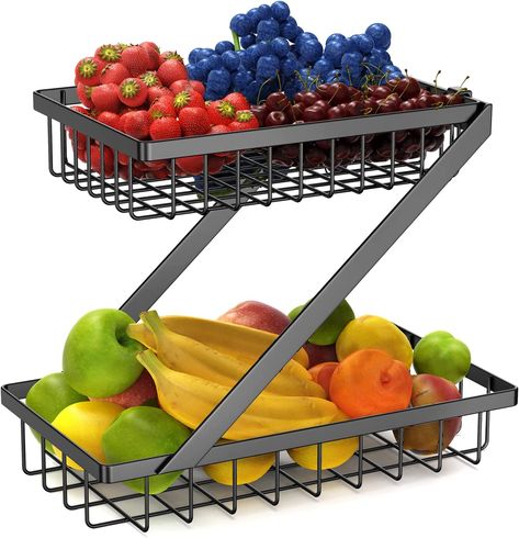 GETALL Fruit Basket for Kitchen Counter - 2 Tier Fruit Bowl Countertop Vegetables Storage Basket Metal Fruit Stand Holder Organizer for Bread Snack Veggies Produce, Black 2 Tier Fruit Basket, Produce Baskets, Tiered Fruit Basket, Baskets For Shelves, Big Basket, Fruit Holder, Basket Bowl, Bread Snacks, Vegetable Storage