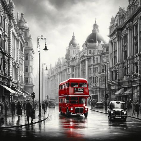 London Illustration, Bustling City, Urban Landscapes, Red Bus, London Places, Free Art Prints, Cartoon Background, London Street, London Art