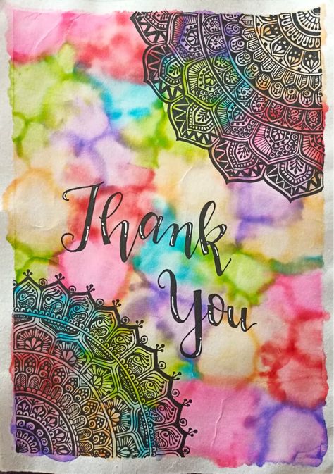 Thank you calligraphy, with abstract background and mandala art Mandala Thank You Card, Mandala Greeting Cards Handmade, Mandala Art Greeting Card, Mandala Greeting Cards, Mandala Card, Mandala Drawings, Project Cover Page, Teachers Day Card, Easy Mandala