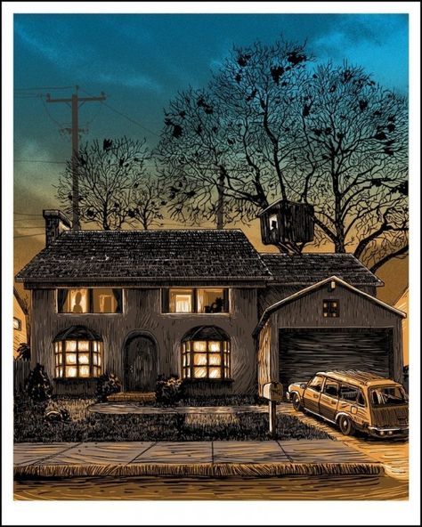 Creepy art print of The Simpsons house. Simpsons Poster, Tim Doyle, Spoke Art, Gig Poster, Simpsons Art, Matt Groening, Homer Simpson, Geek Art, Buy Posters