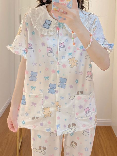 ညအိပ်ဝတ်စုံ Pattern, Korean Night Outfit, Cute At Home Outfits, Cute Night Outfits, Fancy Casual Outfits, Night Wear Pajamas, Kawaii Pajamas, Pajama Set Long, Clothing Pattern Design