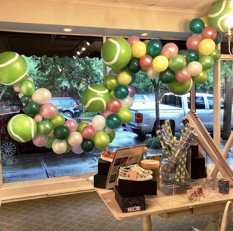 Custom tennis ball balloon garland by Festive Haus Tennis Balloon Decor, Tennis Social Events, Tennis Balloon Garland, Tennis Themed Graduation Party, Tennis Ball Decor, Tennis Senior Night Ideas, Tennis Party Ideas, Tennis Themed Party, Tennis Senior Pictures