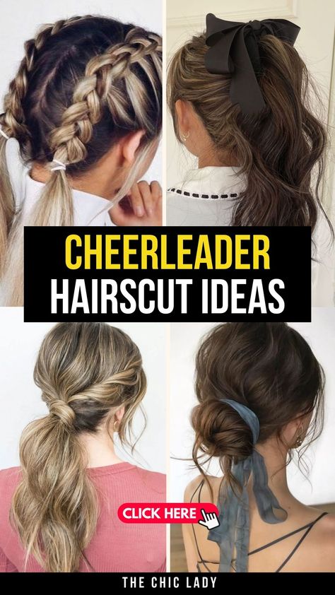 Top 15 Cheerleader Hairstyles for Girls to Rock Your Spirit Easy Hairstyles For Dance Practice, Dance Hairstyles Competition Ponytail, Hair Styles For Athletes, Show Choir Hair, Cheer Ponytail Hairstyles, Hairstyles For Cheerleaders, Cheerleader Hairstyles, Fun Updos, Cheerleading Moves