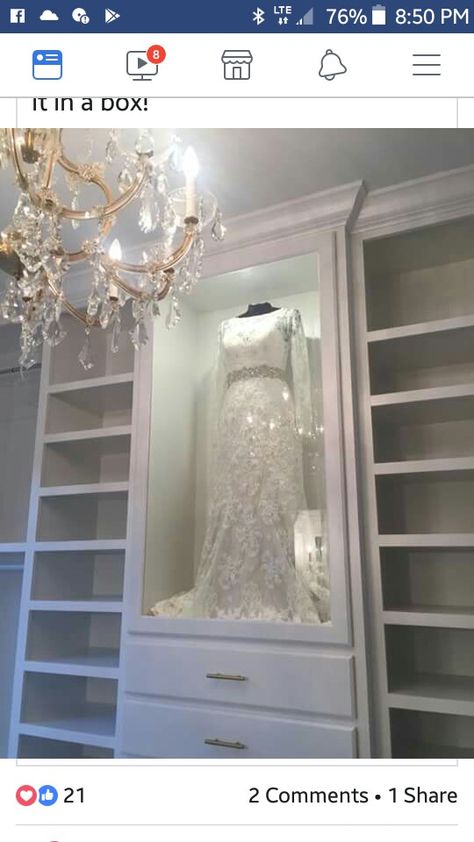 Wedding Dress Cabinet Display, Wedding Dress Shadow Box, Wedding Dress Display, Dream Building, Closet Idea, Luxury Closets, Wedding Shadow Box, Dressing Room Closet, Dream Closet Design