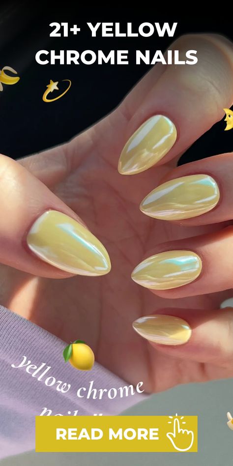 Yellow Nails With Chrome, Yellow Chrome Nails Designs, Peru Nails, Lemon Yellow Nails, Pastel Chrome Nails, Yellow Almond Nails, Yellow Chrome Nails, Pastel Yellow Nails, Yellow Chrome