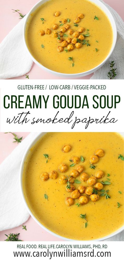 A little bit of real cream and smoked paprika are the key ingredients. Use a smoked Gouda cheese for more flavor depth, and substitute canned coconut milk for heavy cream, if desired.Creamy Gouda Soup with Smoked Paprika is perfect for a cold winter’s day. It’s thick and filling, BUT it doesn’t feel overly heavy like many potato and butternut squash soups because it’s base is cauliflower. This also means that it only has 9 net carbs per bowl! Add crunch by sprinkling with toasted chick... Butternut Squash Soup Smoked Gouda, Gouda Soup Recipes, Gouda Cheese Soup Recipes, Gouda Stuffed Sorullos, Recipes With Smoked Gouda Cheese, Smoked Gouda Recipes, Smoked Gouda Soup Recipe, Smoked Gouda Soup, Gouda Recipes