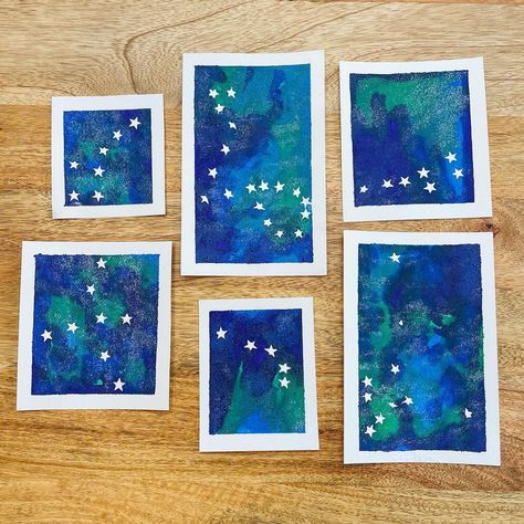 Montessori Inspired | Laura on Instagram: “🌌CONSTELLATION STICKER RESIST PAINTINGS🌌 Oh how FUN were these to make—and how beautifully they turned out!! I found this idea on…” Constellation Activities, Constellation Craft, Babysitting Activities, Space Classroom, Kindergarten Art Lessons, Constellation Art, Liquid Watercolor, Table Salt, Kids Create