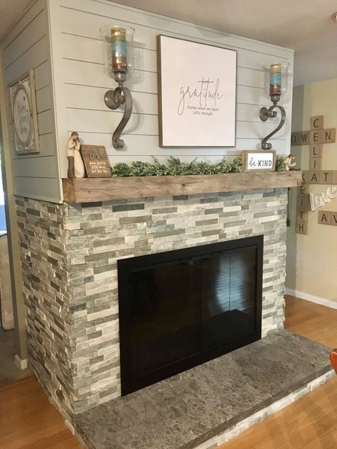 Fireplace makeover with shiplap, ledger stone and limestone hearth Fireplace Makeover With Shiplap, Stone Fireplace With Shiplap, Fireplace With Shiplap, Ledger Stone Fireplace, Limestone Hearth, Faux Stone Fireplaces, Grey Stone Fireplace, Stone Fireplace Wall, Ledger Stone