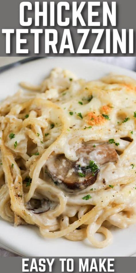 Aug 31, 2020 - Chicken Tetazzini is a cheesy, creamy casserole full of chicken, mushrooms, & peas! It's topped with mozza cheese & baked until golden brown! Chicken Tettrazini Recipe, Chicken Tettrazini Casserole, Chicken Tetrazzini Easy, Chicken Tettrazini, Easy To Make Pasta, Chicken Tetrazzini Casserole, Chicken Tetrazzini Recipes, Chicken Mushrooms, Chicken Tetrazzini