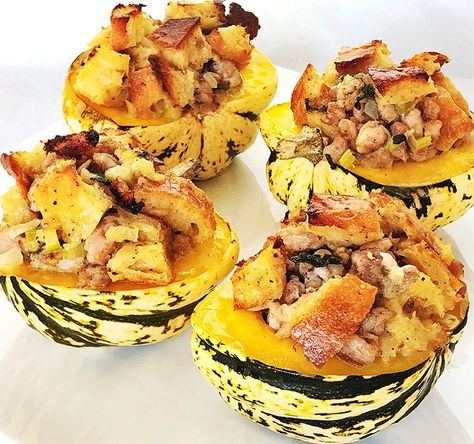 Stuffed Sweet Dumpling Squash with Sausage & Boiled Cider - Fresh Chef Experience Sweet Dumpling Squash Recipe, Dumpling Squash Recipe, Squash With Sausage, Dumpling Squash, Sweet Dumpling Squash, Stuffed Dumplings, Boiled Cider, Recipe Air Fryer, Bread Stuffing