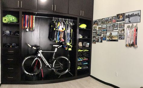 Bike Trainer Room, Triathlon Home Gym, Bike Cabinet, Bike Storage Apartment, Outdoor Gear Storage, Indoor Bike Storage, Bicycle Garage, Bicycle Room, Gear Room