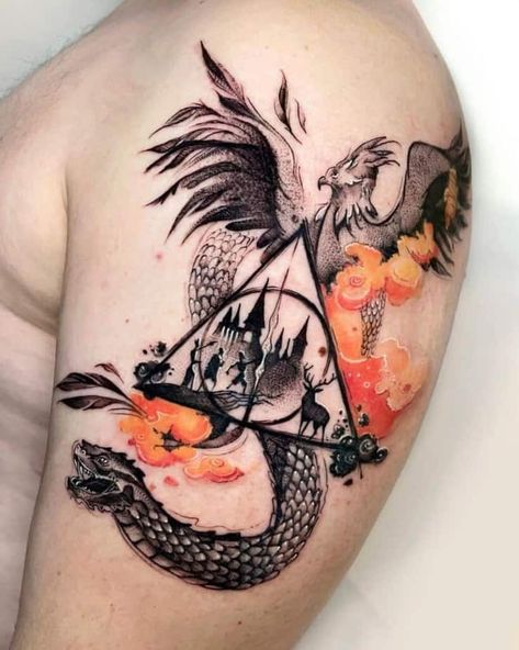 26 Harry Potter Tattoos To ALWAYS Remember That Magical World Hogwarts Tattoos, Hogwarts Building, Always Harry Potter Tattoo, Harry Potter Tattoo Ideas, Harry Potter Tattoo Sleeve, Hogwarts Tattoo, Unique Half Sleeve Tattoos, Harry Tattoos, Dream Catcher Tattoo Design