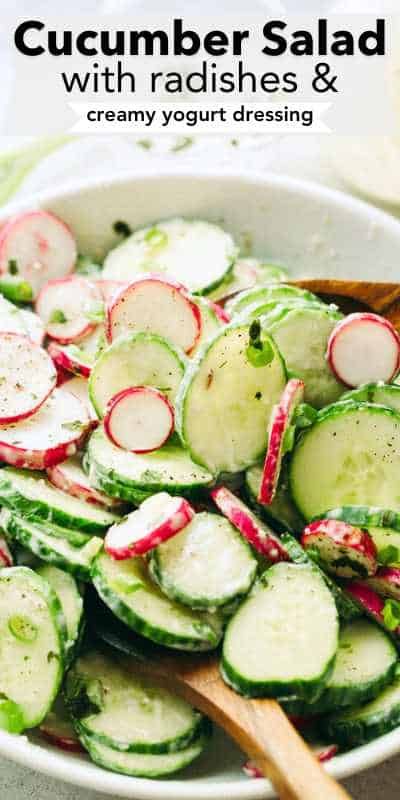 This Cucumber Salad recipe features deliciously crunchy slices of fresh cucumbers and radishes tossed in a garlicky and creamy yogurt dressing. It's a refreshing and flavorful side dish perfect for any occasion. Pineapple Balls, Christmas Biscotti, Mediterranean Flatbread, Tomatoes Salad, Cordial Recipe, Homemade Pretzels, Radish Recipes, Egg Plant, Creamy Cucumber Salad