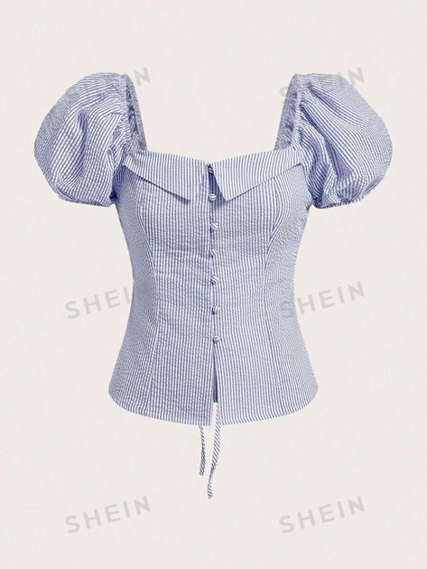 SHEINNeu Striped Puff Sleeve Button Front Blouse | SHEIN USA Causal Chic Outfits, Causal Chic, Puff Blouse, Clo 3d, Money Outfit, Modest Dresses Casual, Crochet Business, Fluffy Slime, Clothing Pieces